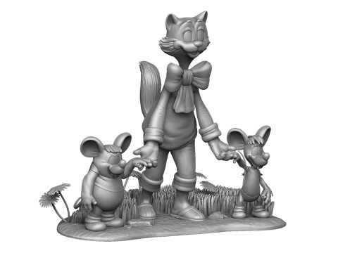 Leopold the cat with mice for 3D printing STL Model 3D