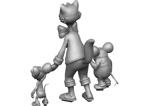 Leopold the cat with mice for 3D printing STL Model 3D