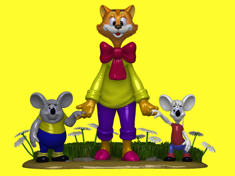 Leopold the cat with mice for 3D printing STL Model 3D