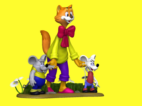 Leopold the cat with mice for 3D printing STL Model 3D