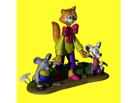 Leopold the cat with mice for 3D printing STL Model 3D