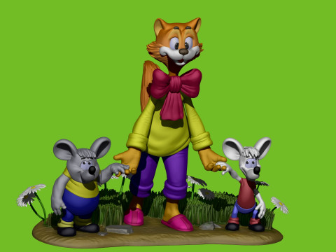 Leopold the cat with mice for 3D printing STL Model 3D