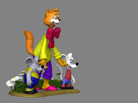 Leopold the cat with mice for 3D printing STL Model 3D