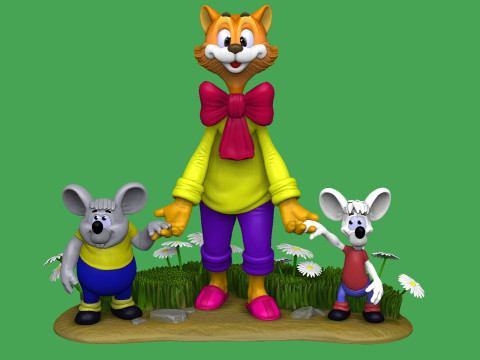 Leopold the cat with mice for 3D printing STL Model 3D