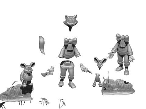 Leopold the cat with mice for 3D printing STL Model 3D