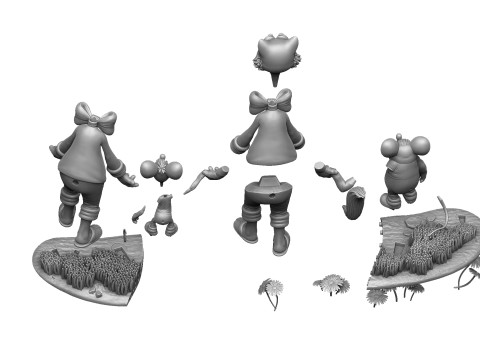 Leopold the cat with mice for 3D printing STL Model 3D