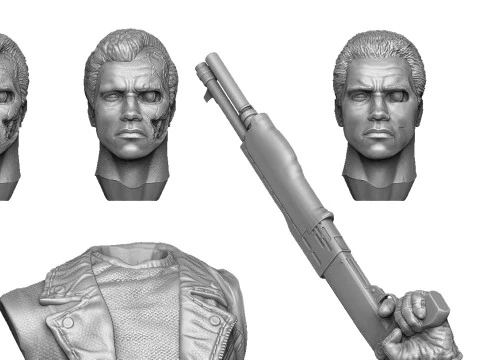 Terminator T-800 BUST with weapons 5 head options for 3D printing STL 3D Print Model