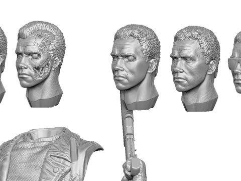 Terminator T-800 BUST with weapons 5 head options for 3D printing STL 3D Print Model