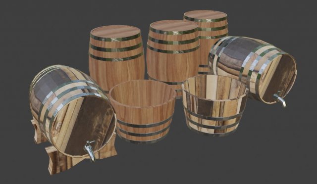 wine barrels and half barrel buckets - lowpoly Modelo 3D .c4d .max .obj .3ds .fbx .stl .blend 