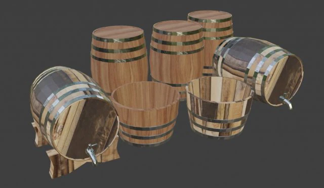 wine barrels and half barrel buckets - lowpoly 3D Model .c4d .max .obj .3ds .fbx .stl .blend 