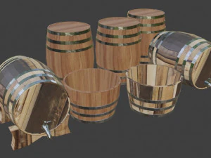 wine barrels and half barrel buckets - lowpoly 3D Model