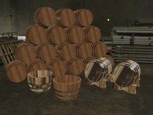 wine barrels and half barrel buckets - lowpoly 3D Model