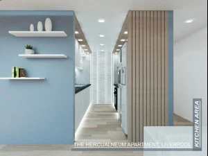 moderno appartamento condominiale - soggiorno, sala da pranzo e cucina Modello 3D