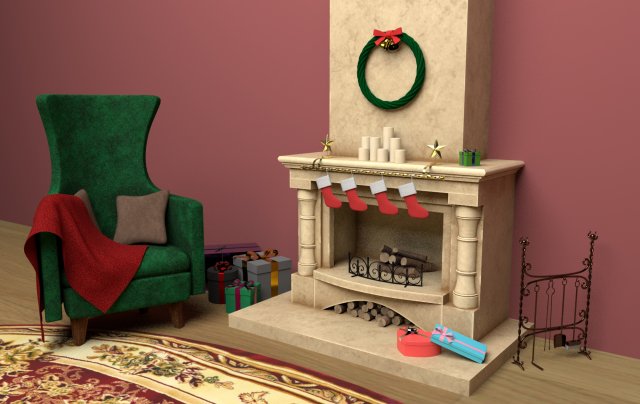 christmas fireplace Model 3D .c4d .max .obj .3ds .fbx .stl .blend 