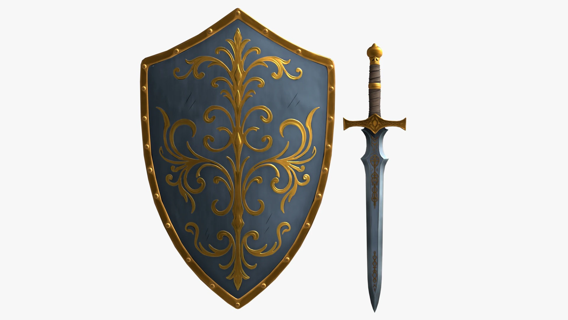 Stylized Sword And Shield 3D Model .c4d .max .obj .3ds .fbx .stl .blend 