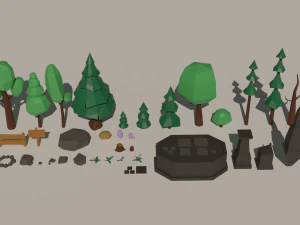 나무 꽃들 바위 유적 저폴리 3D 모델