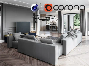 Cinema 4d 和 Corona 渲染器的客厅和厨房场景 3D 模型