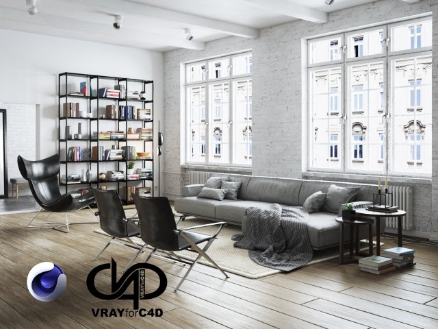 living room interior scene for cinema 4d and vray Modelo 3D .c4d .max .obj .3ds .fbx .stl .blend 
