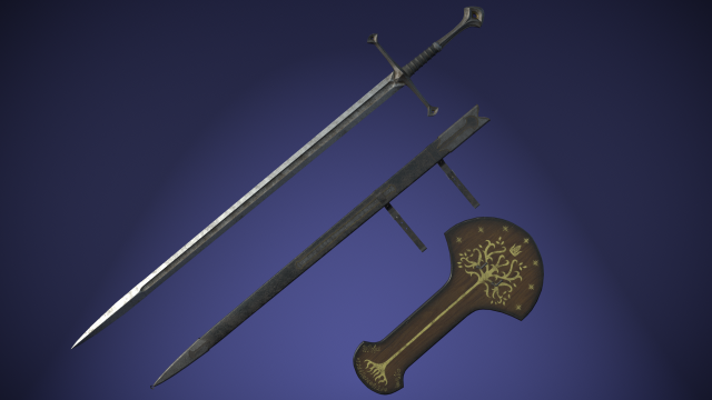 anduril sword from lotr with scabbard band and stand Modelo 3D .c4d .max .obj .3ds .fbx .stl .blend 