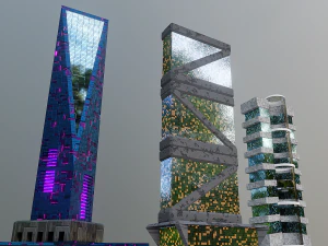 Набор из 17 зданий в стиле киберпанк. 3D Модель