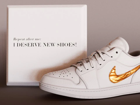 신발 모델 3D 화이트 메탈릭 골드 로우 폴리 3D 모델