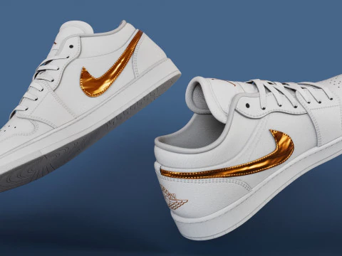 Sapatos Modelo 3D Branco Met&aacute;lico Ouro Low-poly Modelo 3D