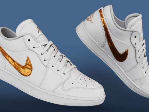 Shoes Model 3D White Metalic Gold Low-poly 3D Модель