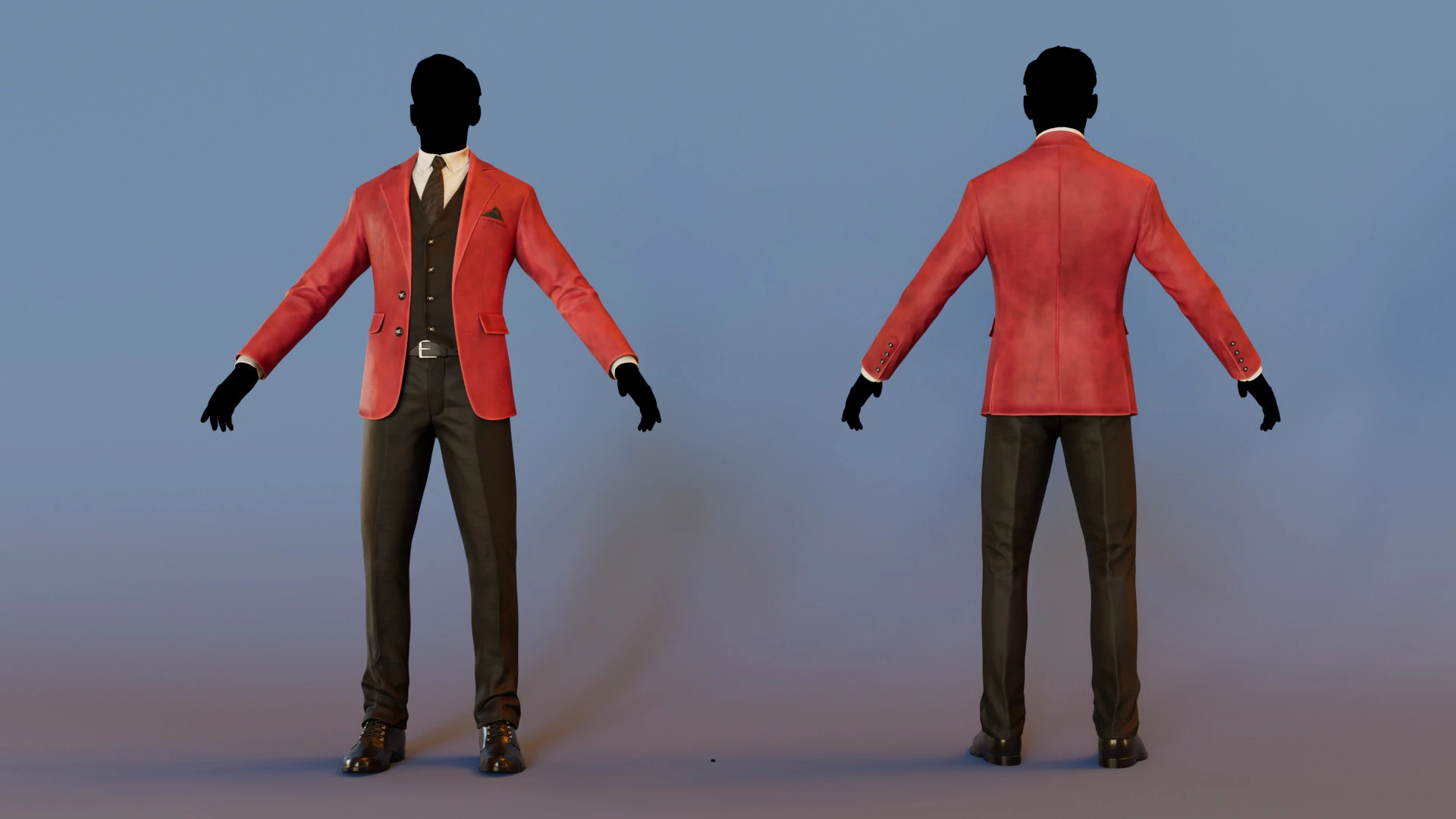 Men Pans with Shirt Blazer and Shoes Vest Velvet Red 3D Model .c4d .max .obj .3ds .fbx .stl .blend
