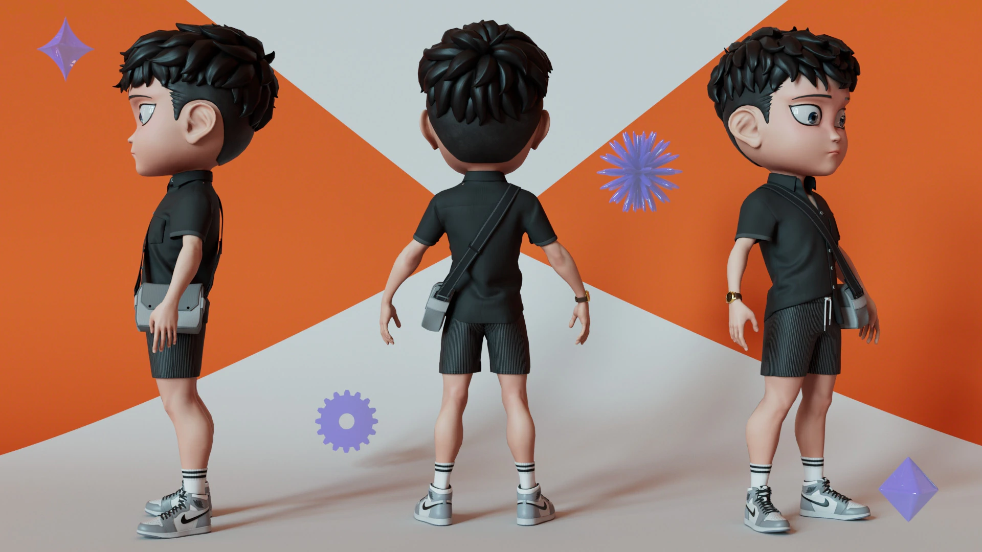 Chibi with Shirt Black shorts Snecker Gray Style Street Fashion 3D Model .c4d .max .obj .3ds .fbx .stl .blend 