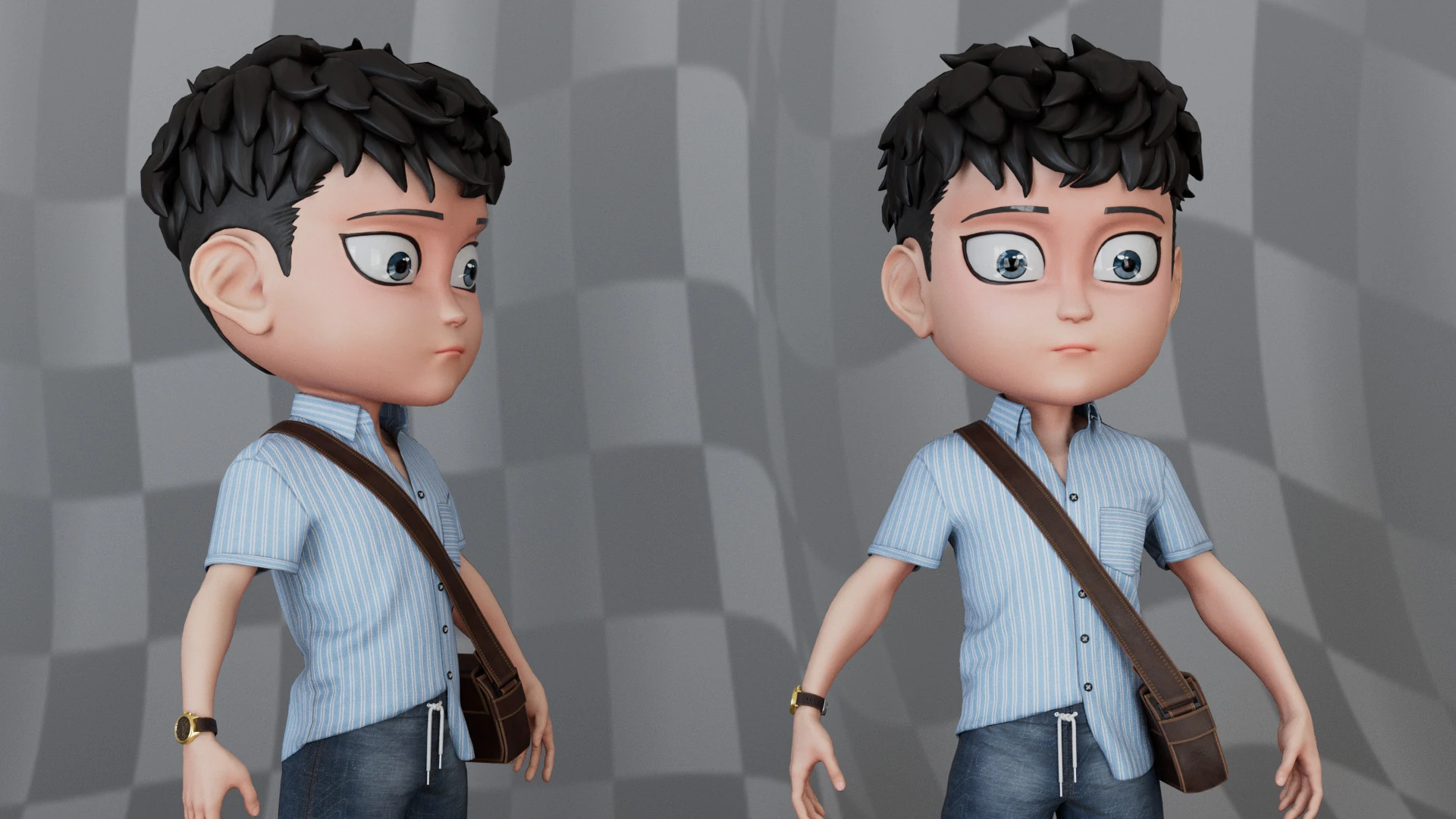 Chibi Boy Shirt shorts Snecker Blue Bag Brown 3D Model .c4d .max .obj .3ds .fbx .stl .blend 