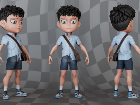 Chibi Boy Shirt shorts Snecker Blue Bag Brown 3D Model