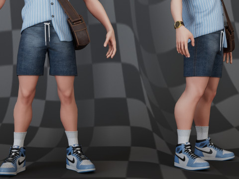Chibi Boy Shirt shorts Snecker Blue Bag Brown 3D Model
