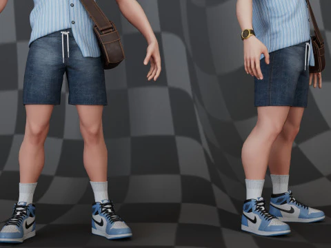 Chibi Boy Shirt shorts Snecker Blue Bag Brown 3D Model