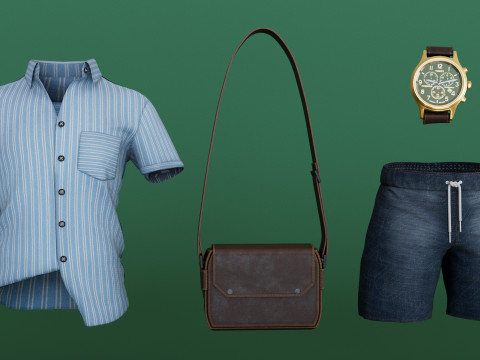 Chibi Boy Shirt shorts Snecker Blue Bag Brown 3D Model