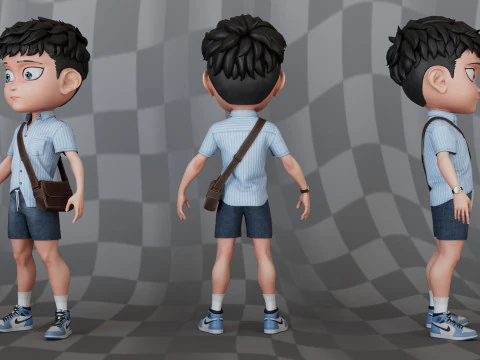 Chibi Boy Shirt shorts Snecker Blue Bag Brown 3D Model