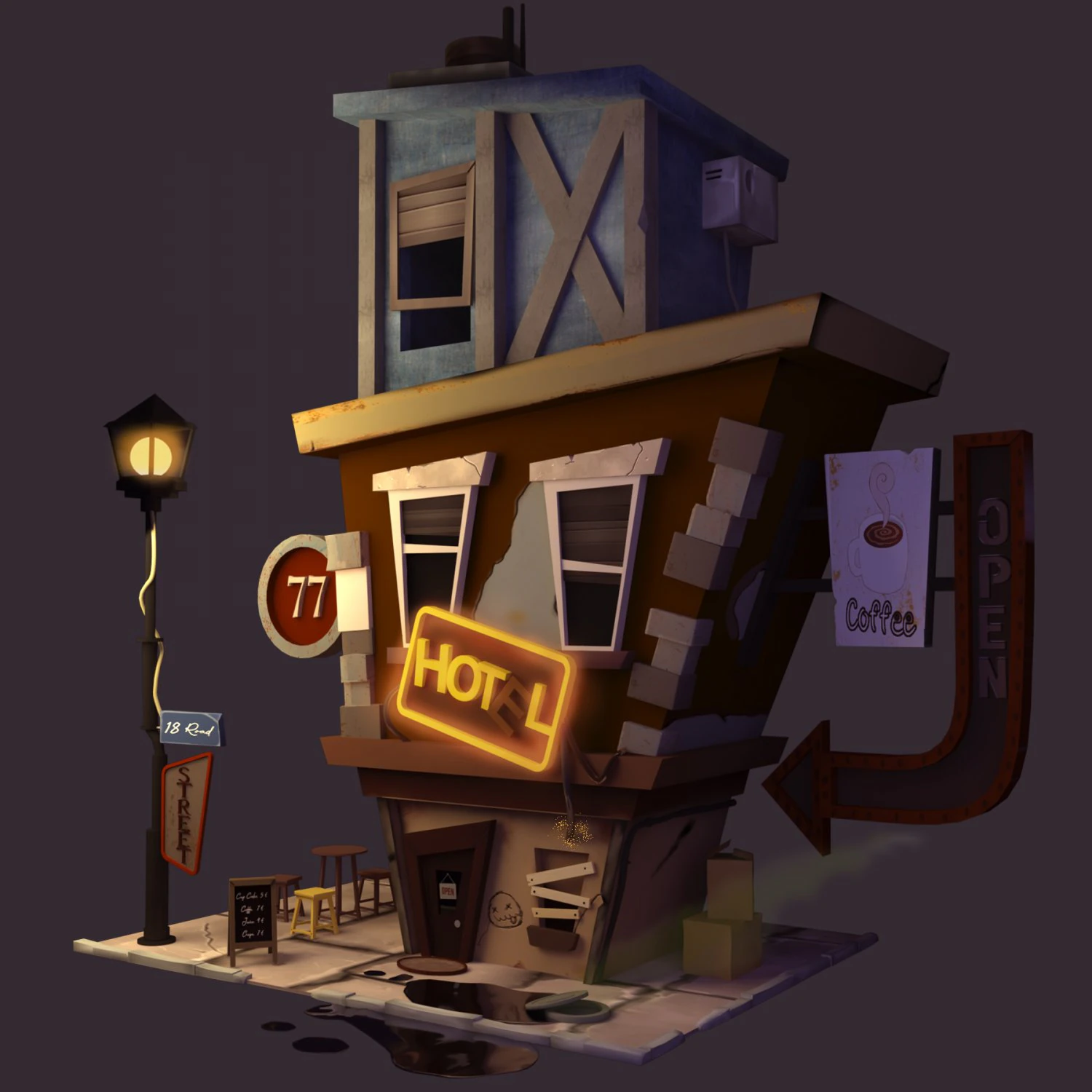coffeshop street and hotel 3D Model .c4d .max .obj .3ds .fbx .stl .blend