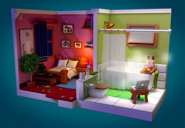 Bedroom and bathroom 3D 模型 .c4d .max .obj .3ds .fbx .stl .blend 