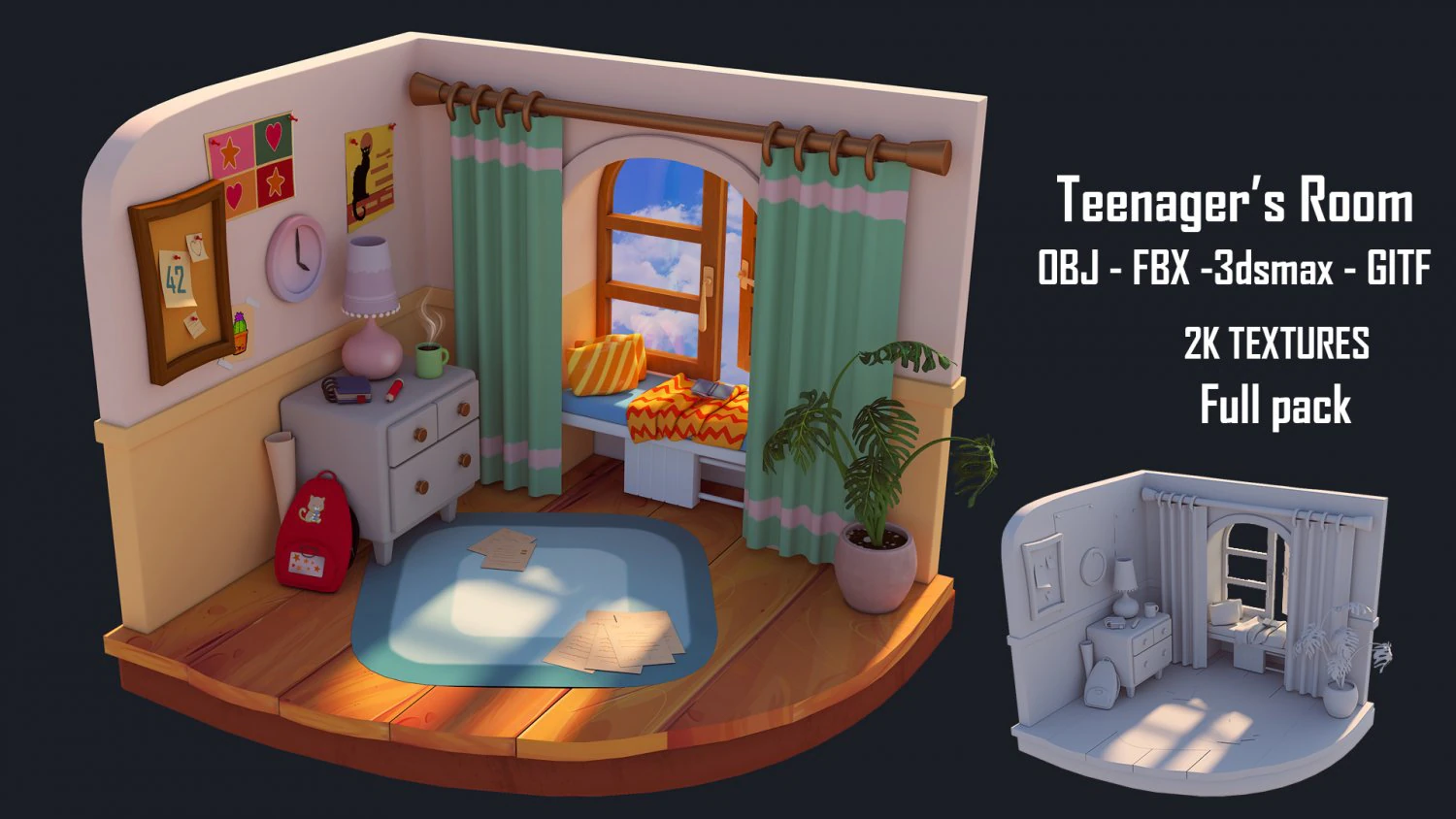 Teenagers room 3D Model .c4d .max .obj .3ds .fbx .stl .blend 
