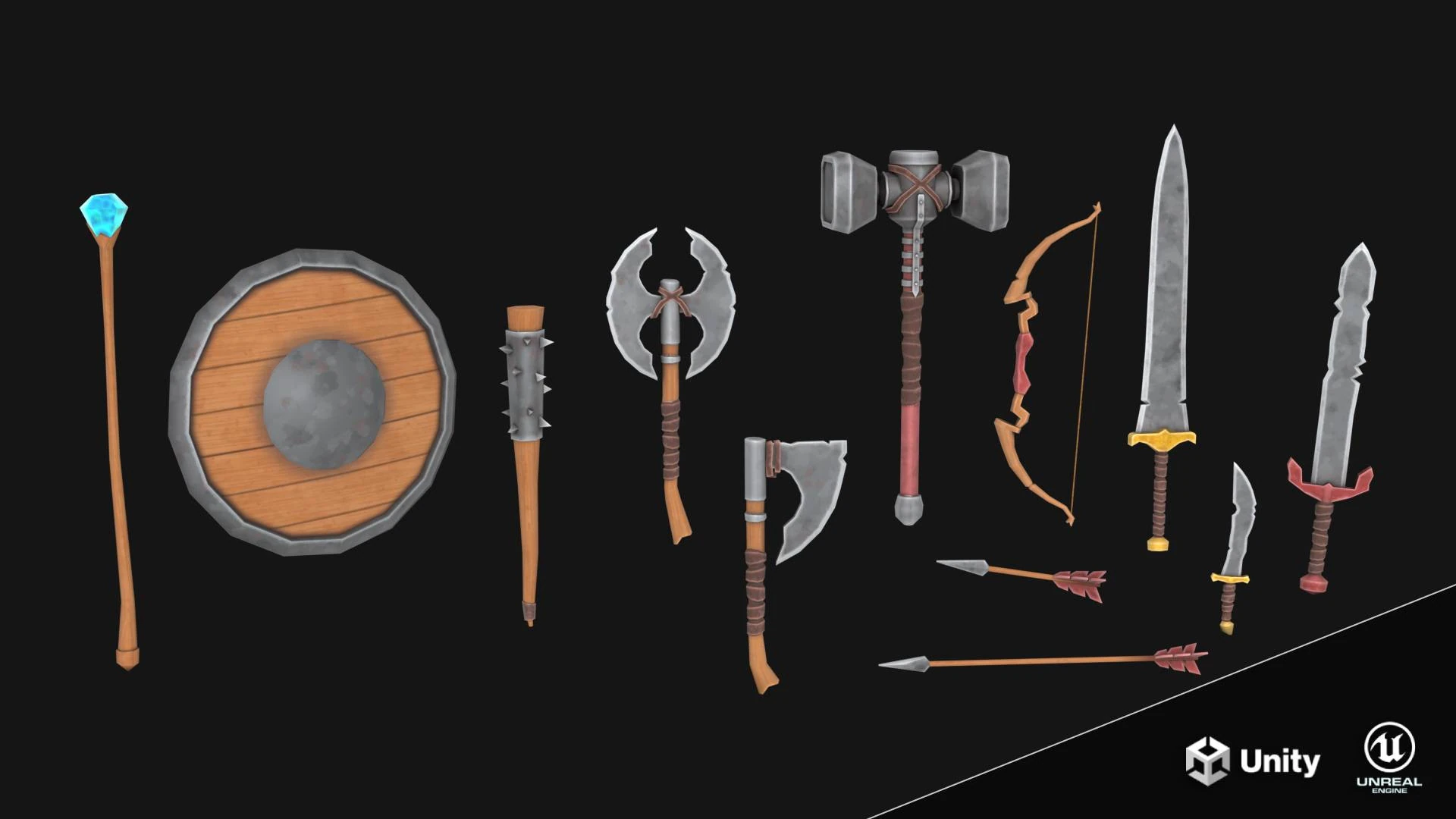 Stylized Medieval Weapons and Shields Bundle Pack Low-poly 3D Model .c4d .max .obj .3ds .fbx .stl .blend 