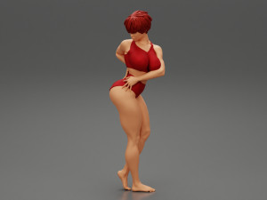 Beautiful Short Hair Brunette Woman Wearing Bikini 3D print model Modello di stampa 3D