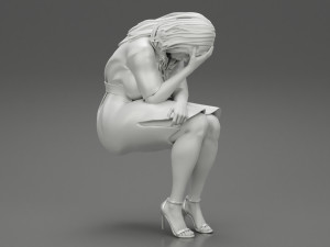 Sad Young Woman Sitting on a Chair 3D Print Model Modello di stampa 3D