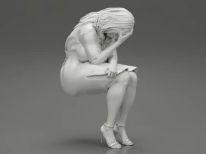 Sad Young Woman Sitting on a Chair 3D Print Model 3D Print Model