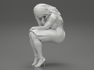 Sad Young Woman Sitting on a Chair 3D Print Model Modello di stampa 3D