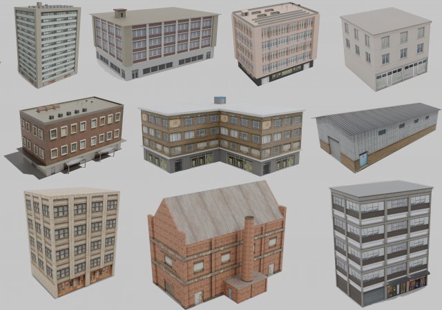 10 low-poly urban buildings low-poly 3D 모델 .c4d .max .obj .3ds .fbx .stl .blend 