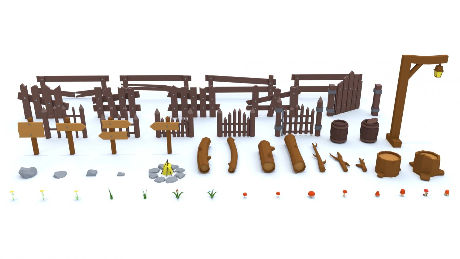 wooden fence and flowers 3D Model .c4d .max .obj .3ds .fbx .stl .blend 