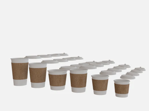 Collection of paper cups with sleeves 6 sizes 3D Model