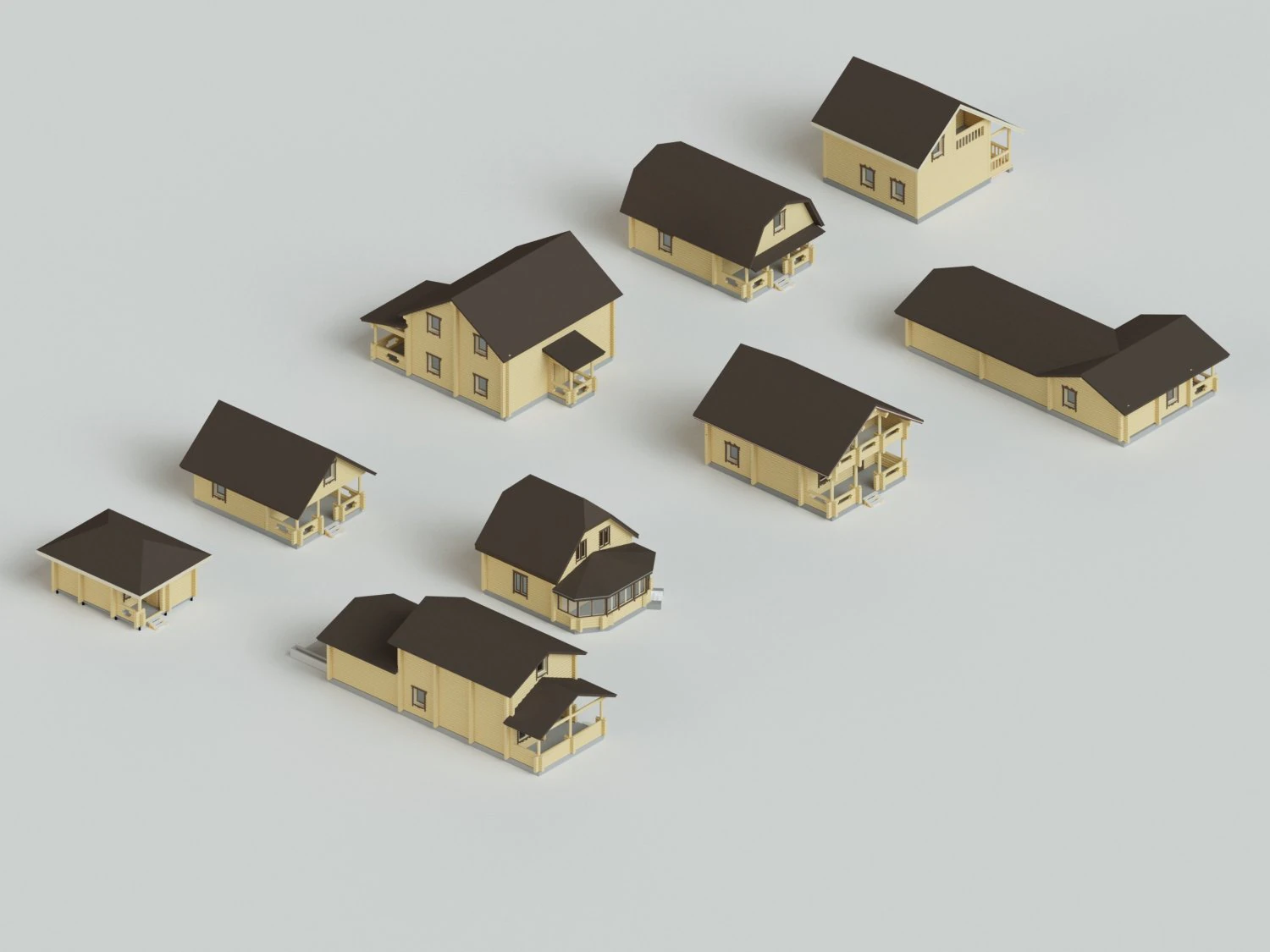 set of 9 wooden houses 3D Model .c4d .max .obj .3ds .fbx .stl .blend 