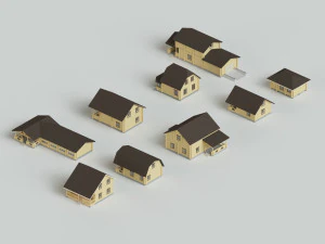 set of 9 wooden houses 3D Model