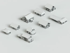 set of 9 wooden houses 3D Model