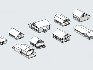 set of 9 wooden houses 3D Model